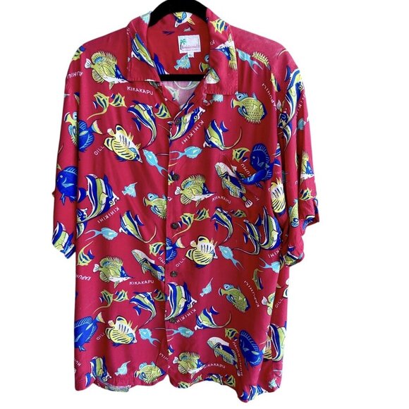Vintage Reminiscence by Stewart Richer Red Hawaiian Fish Loop Collar Shirt - Picture 1 of 10